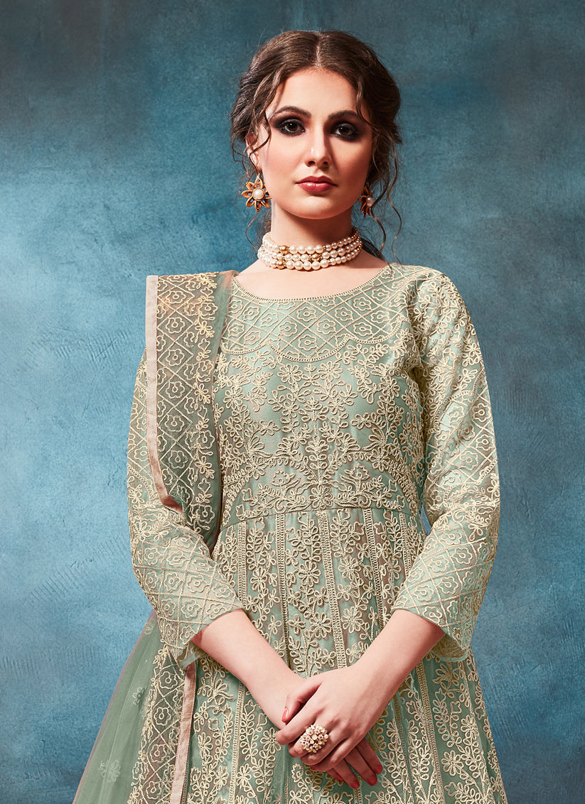 Teal Mint Net Embroidered Anarkali Suit