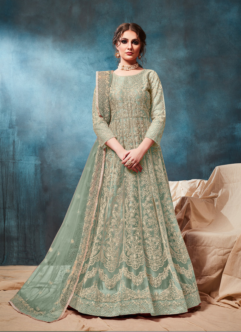 Teal Mint Net Embroidered Anarkali Suit
