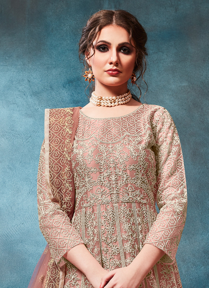 Old Rose Net Embroidered Anarkali Suit