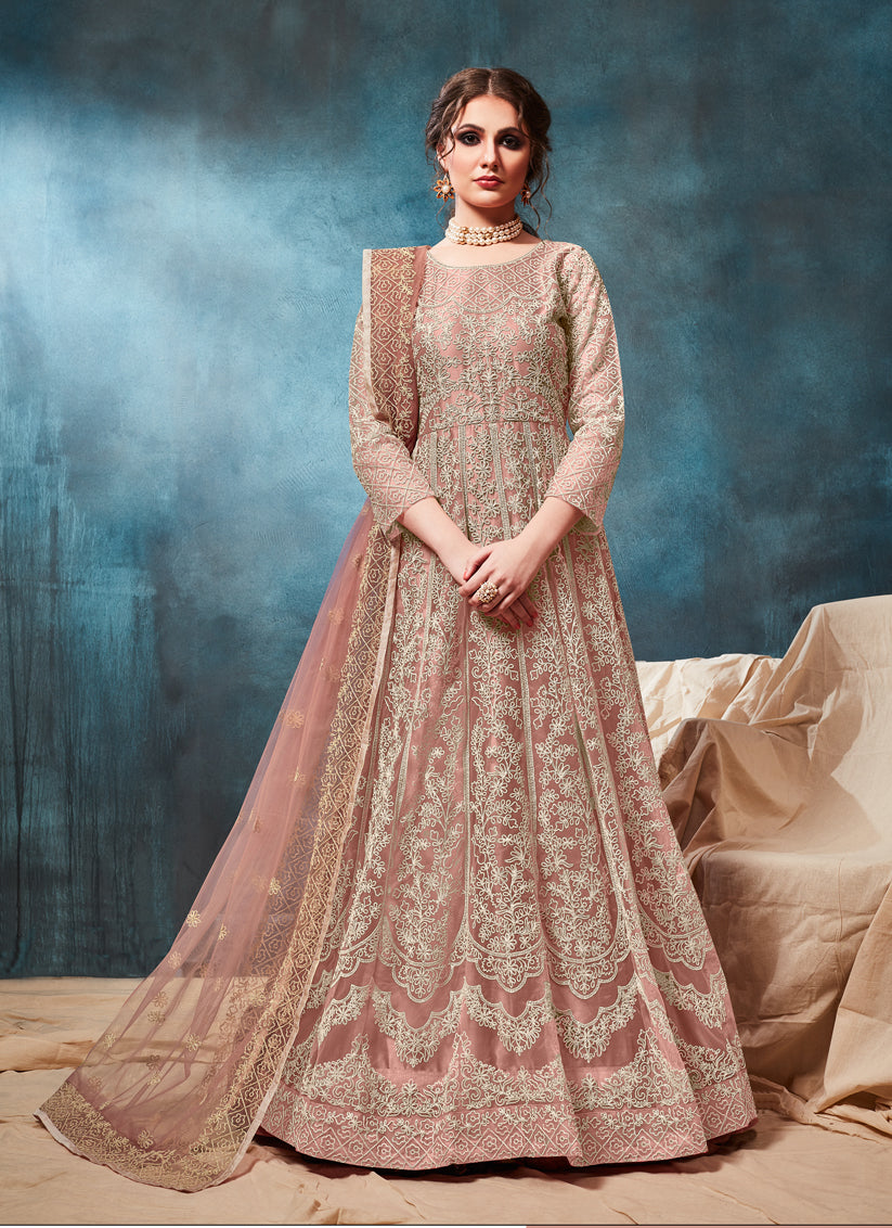 Old Rose Net Embroidered Anarkali Suit