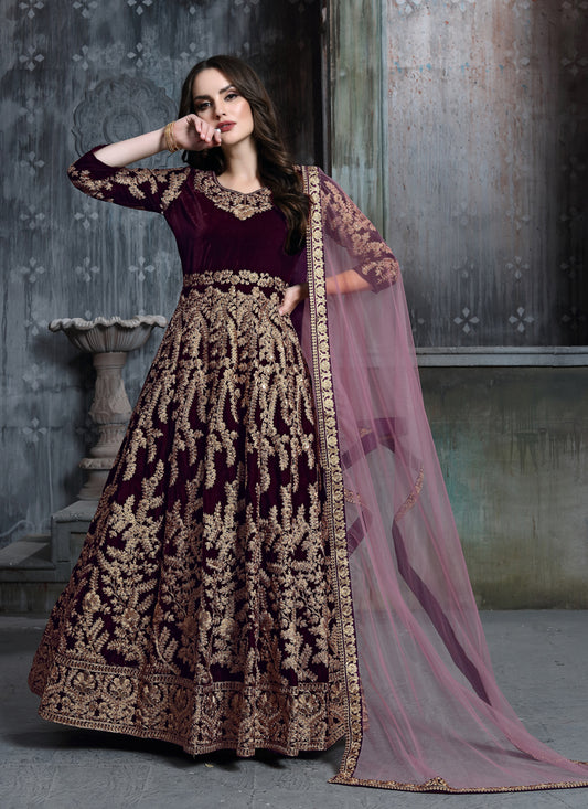 Burgundy Velvet Embroidered Anarkali Suit