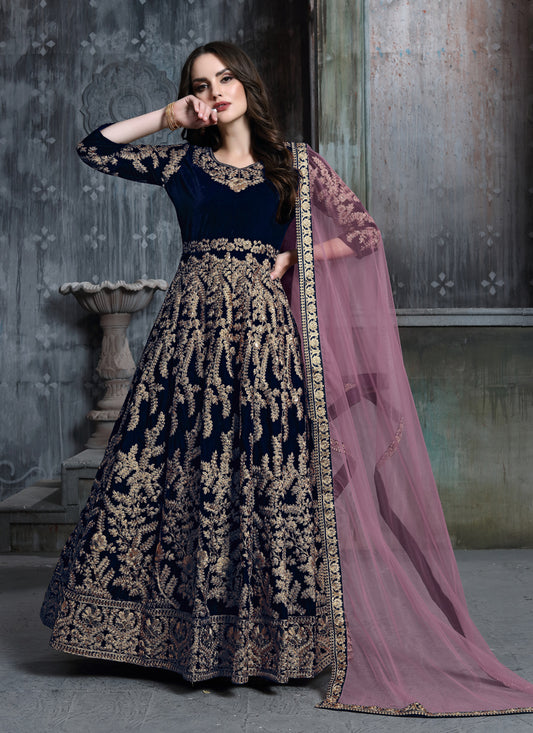 Navy Blue Velvet Embroidered Anarkali Suit
