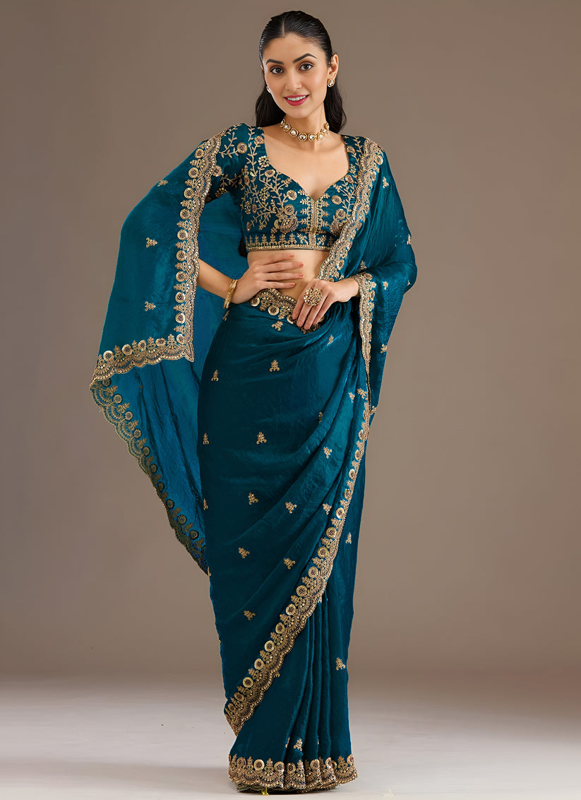 Peacock Blue Designer Tissue Saree with Embroidery and Sequin Work