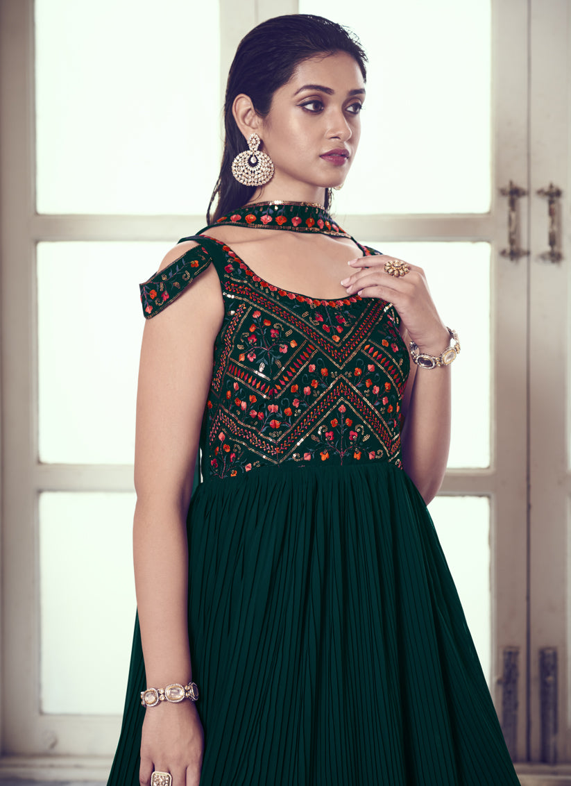 Peacock Green Georgette Embroidered Readymade Gown with Dupatta