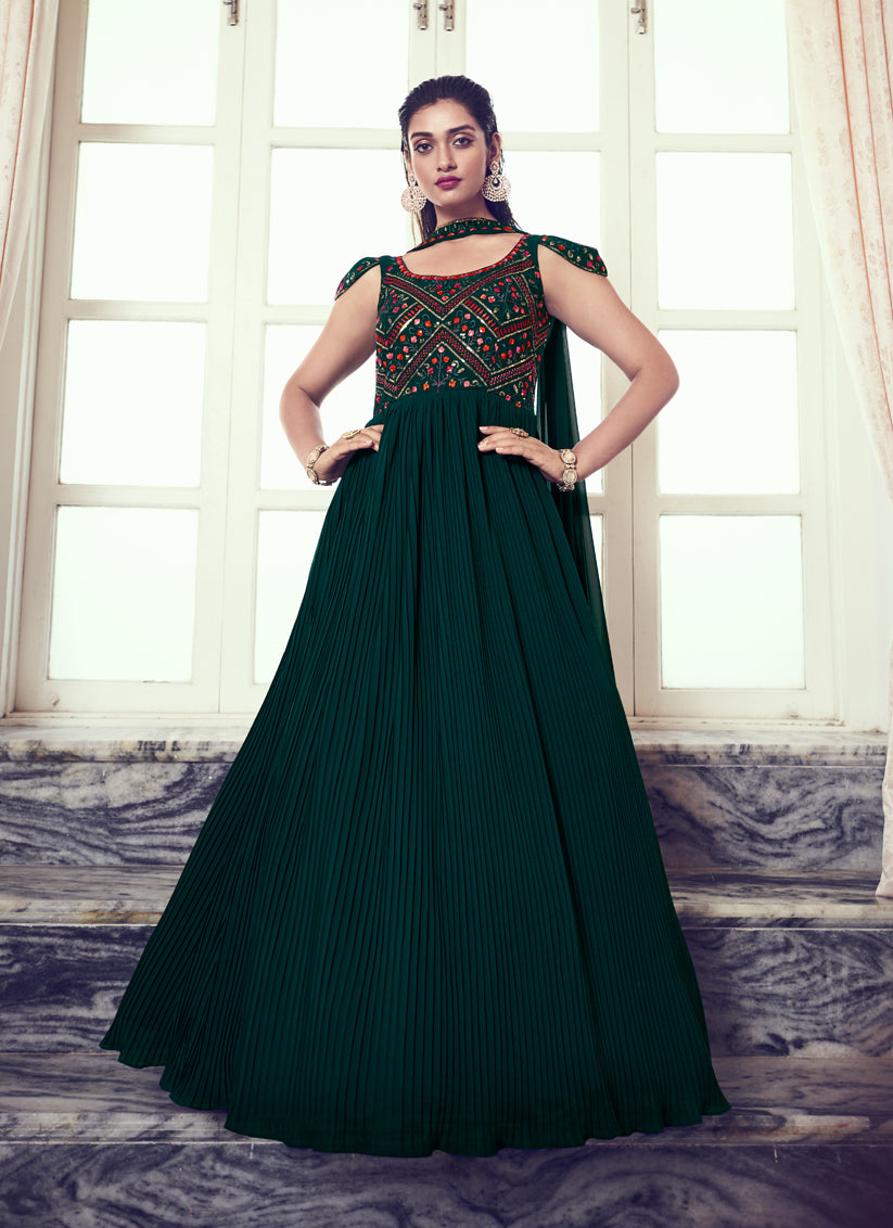 Peacock Green Georgette Embroidered Readymade Gown with Dupatta