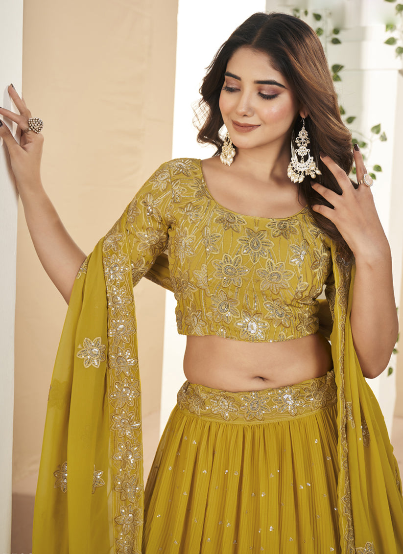 Mustard Yellow Faux Georgette Lehenga Choli Set