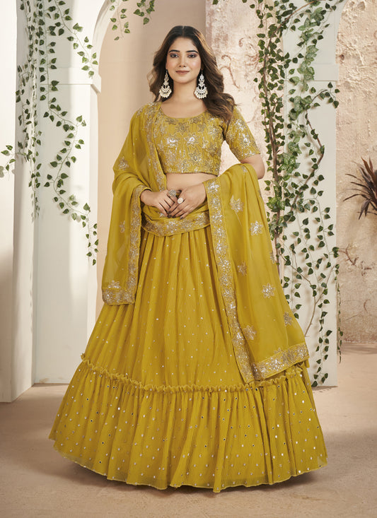 Mustard Yellow Faux Georgette Lehenga Choli Set