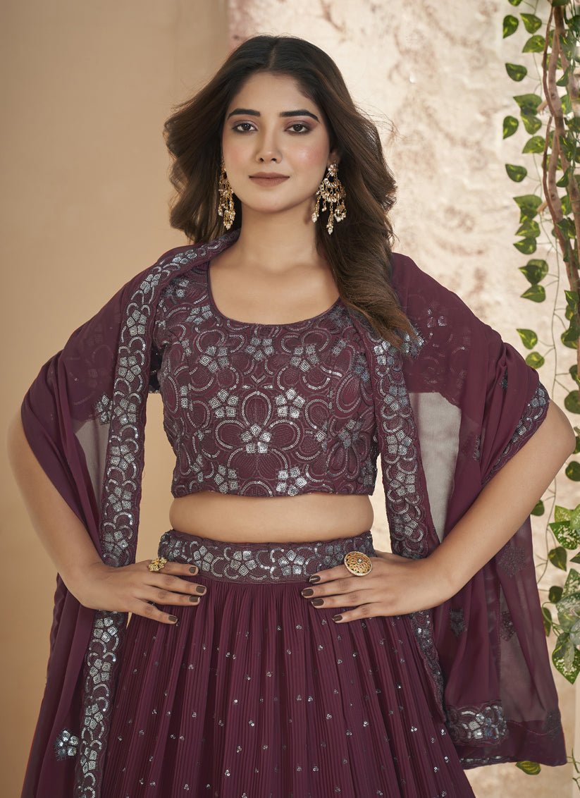 Wine Faux Georgette Lehenga Choli Set