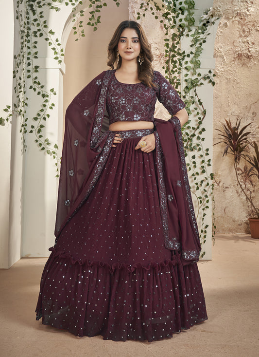 Wine Faux Georgette Lehenga Choli Set