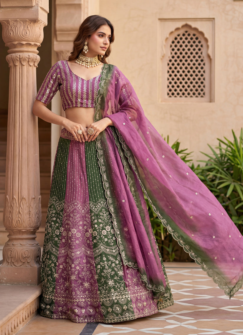 Purple & Dark Green Embroidered Chinon Silk Lehenga – Elegant Design