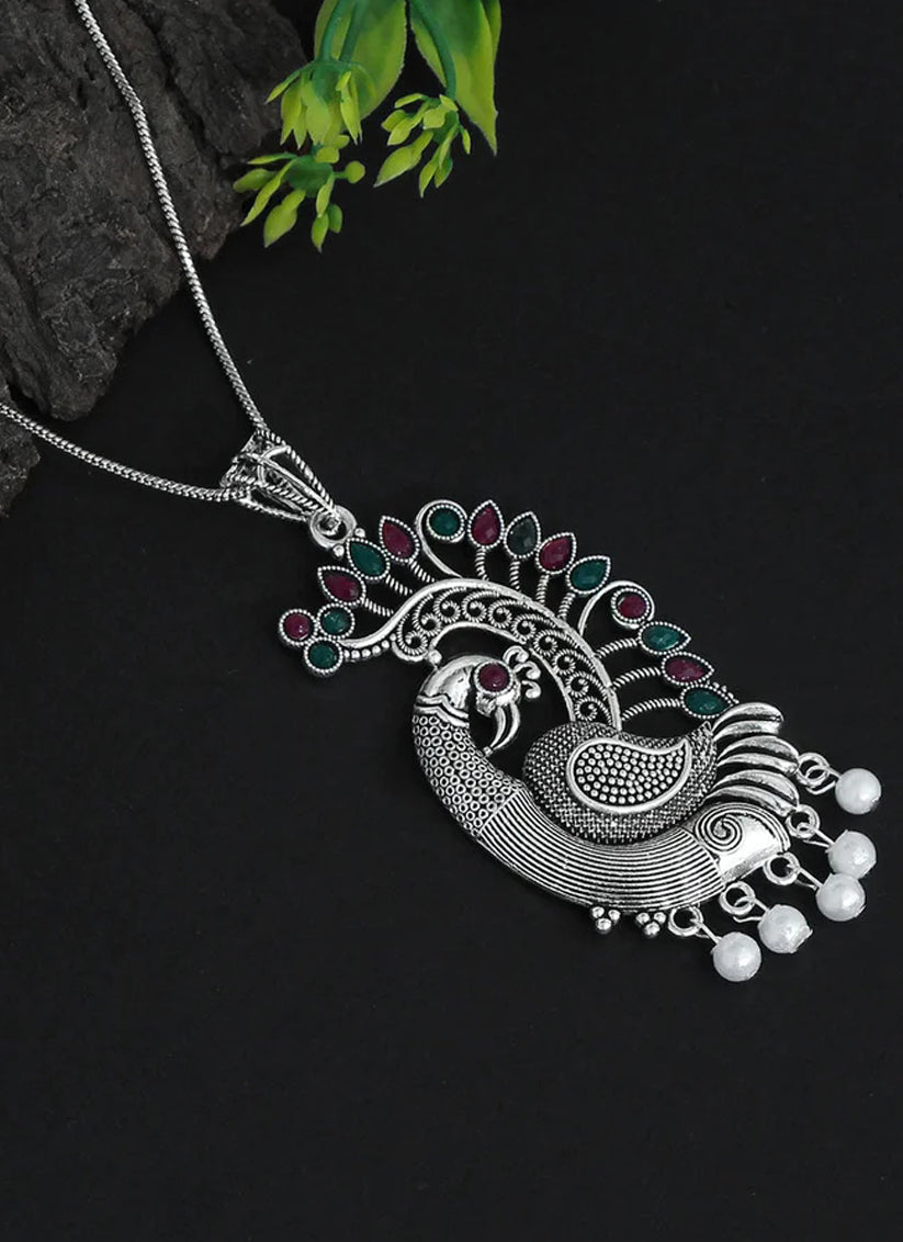 Maroon & Green Peacock Insparied Oxidised Necklace