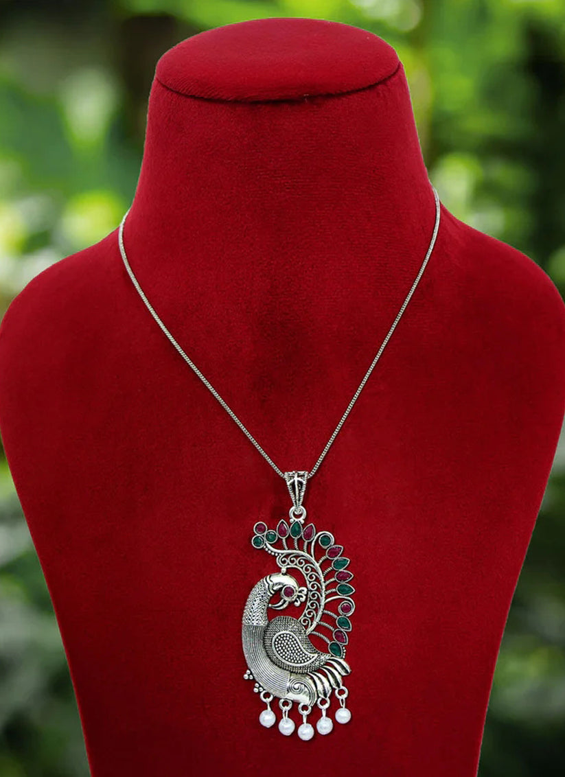 Maroon & Green Peacock Insparied Oxidised Necklace