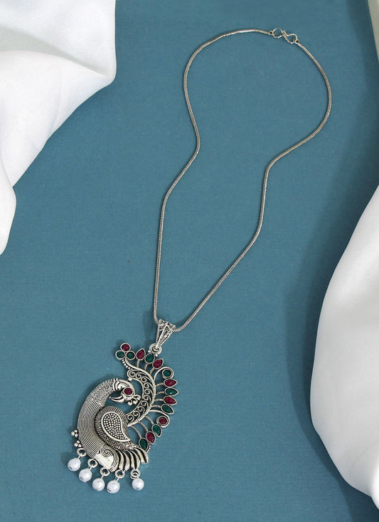 Maroon & Green Peacock Insparied Oxidised Necklace