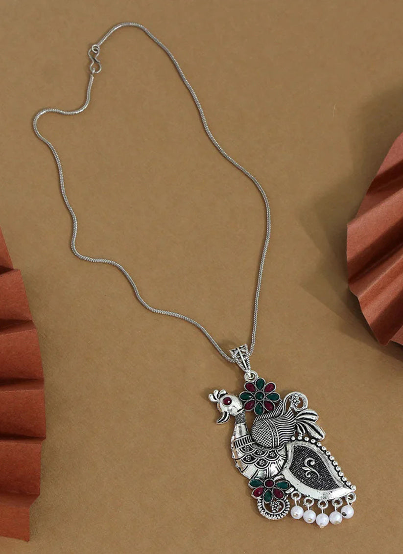 Maroon & Green Peacock Insparied Oxidised Necklace