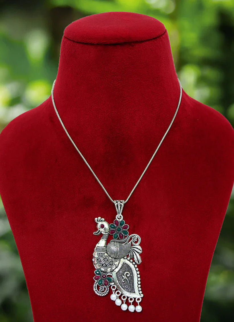 Maroon & Green Peacock Insparied Oxidised Necklace