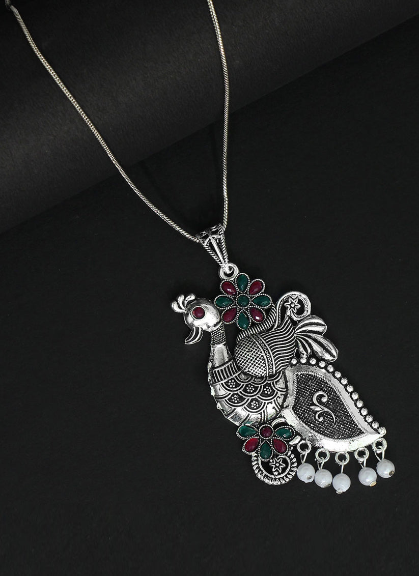 Maroon & Green Peacock Insparied Oxidised Necklace