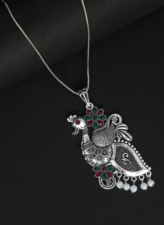 Maroon & Green Peacock Insparied Oxidised Necklace