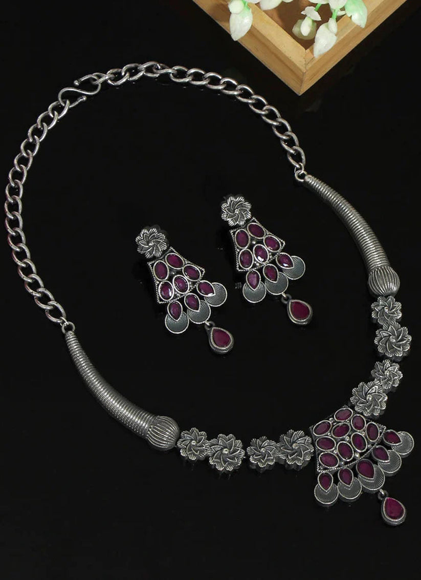 Rani Monalisa Stone Premium Oxidised Necklace Set