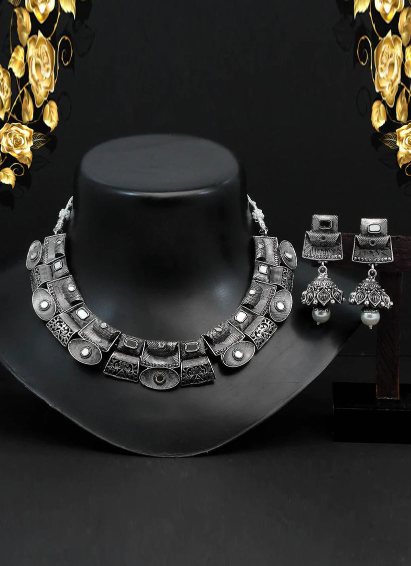Silver Mirror Work Oxidised Necklace Set