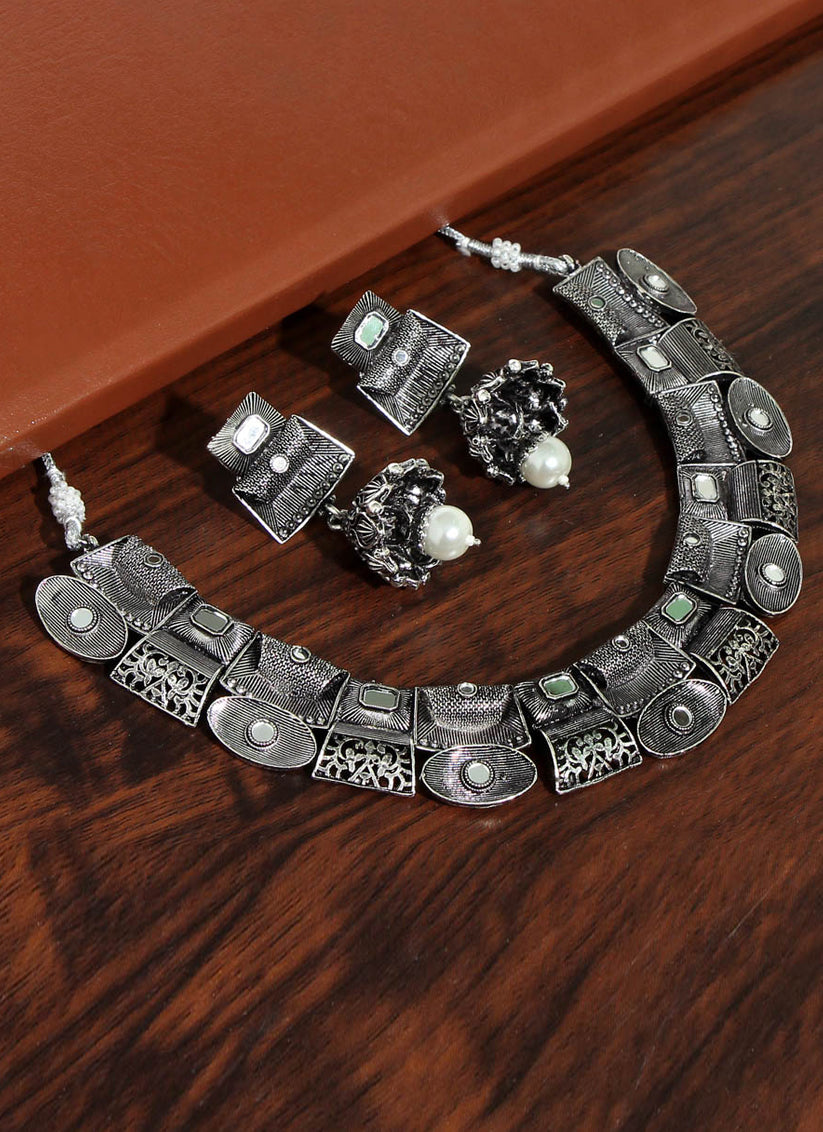 Silver Mirror Work Oxidised Necklace Set
