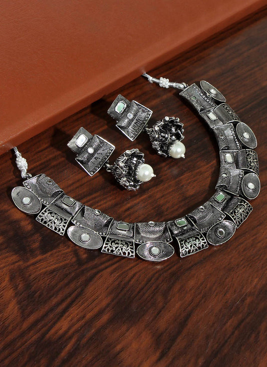 Silver Mirror Work Oxidised Necklace Set