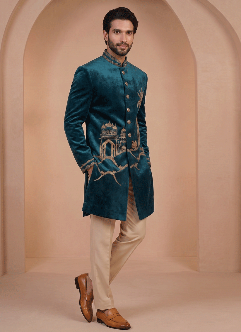 Peacock Blue Velvet Ready Made Indo Western