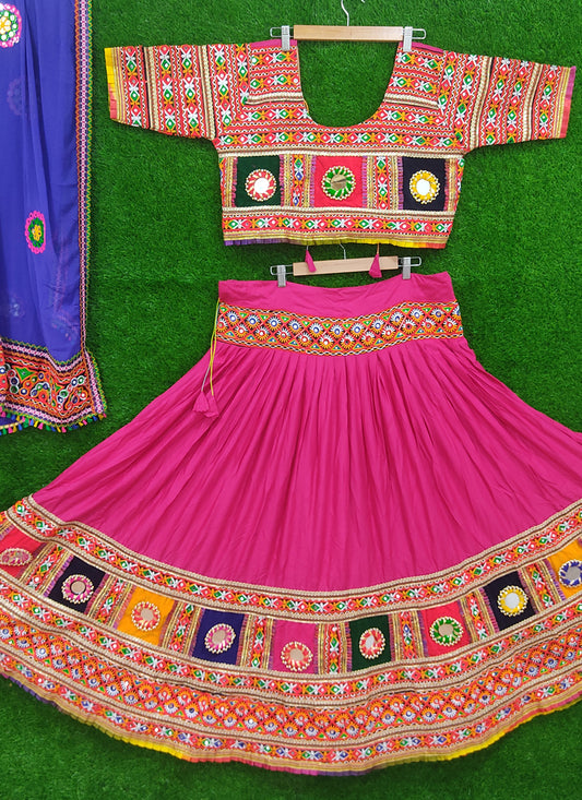 Rani Pink Rayon Gamthi work Chaniya Choli