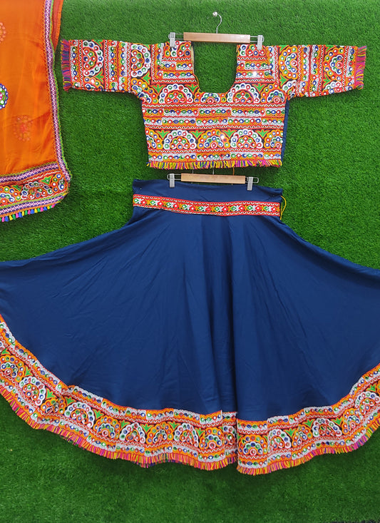 Teal Blue Rayon Gamthi work Chaniya Choli