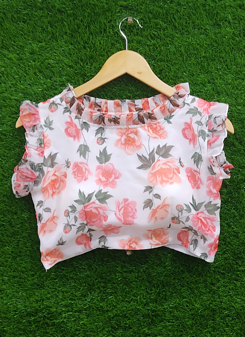 White Georgette Printed Designer Blouse