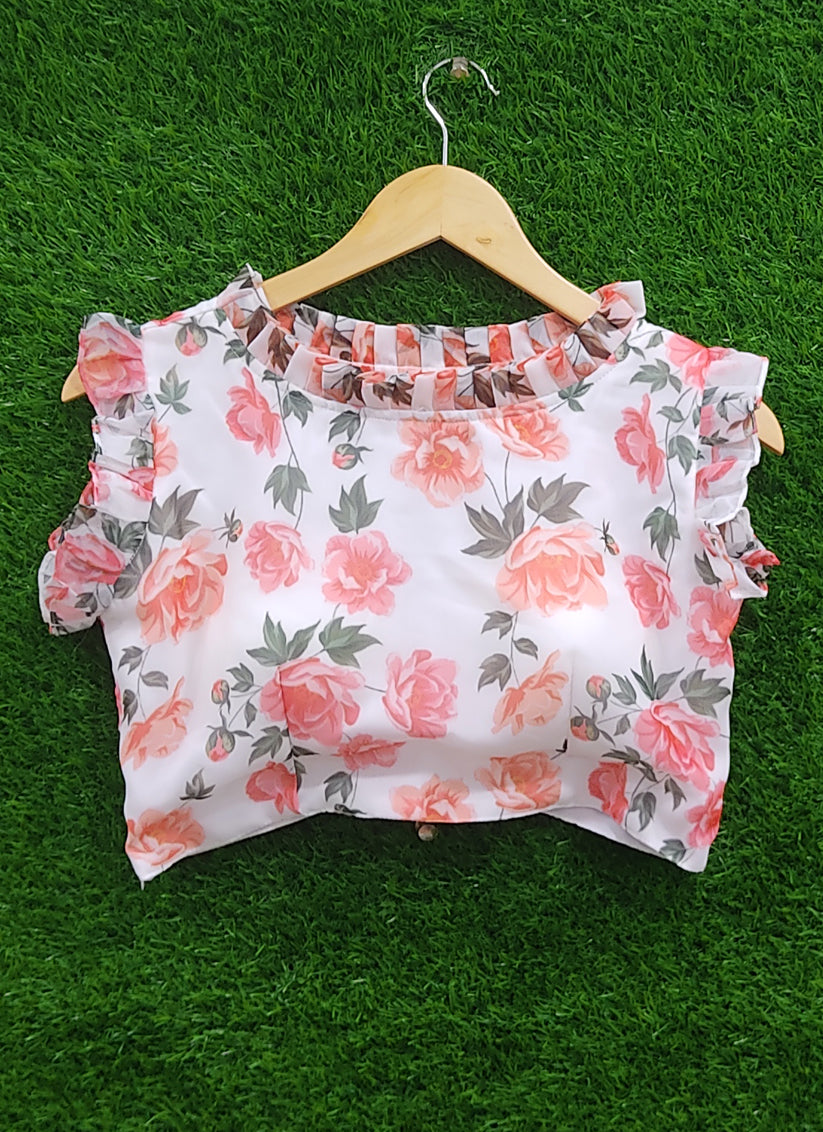 White Georgette Printed Designer Blouse