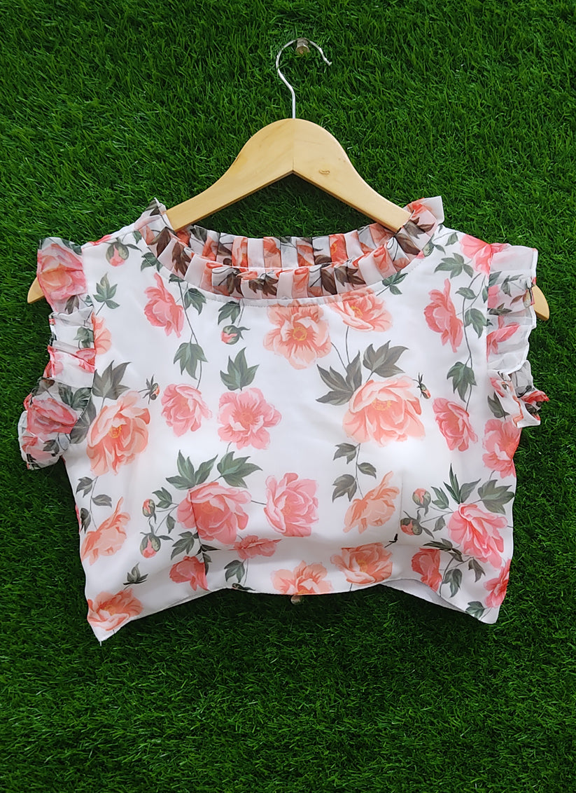 White Georgette Printed Designer Blouse