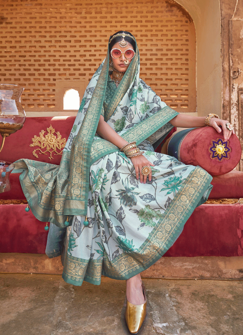 Ice Blue Floral Printed Designer Silk Saree