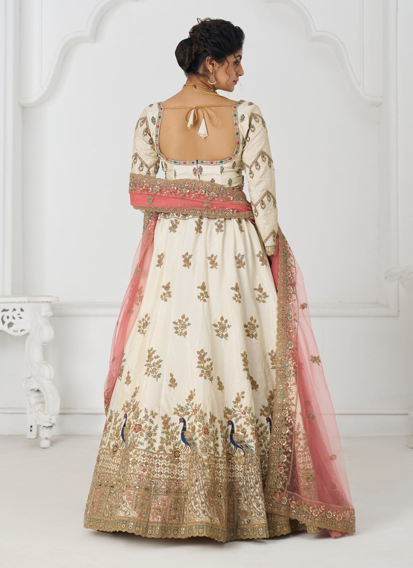 Fascinating Off-White Heavy Embroidered Silk Bridesmaid Lehenga Choli
