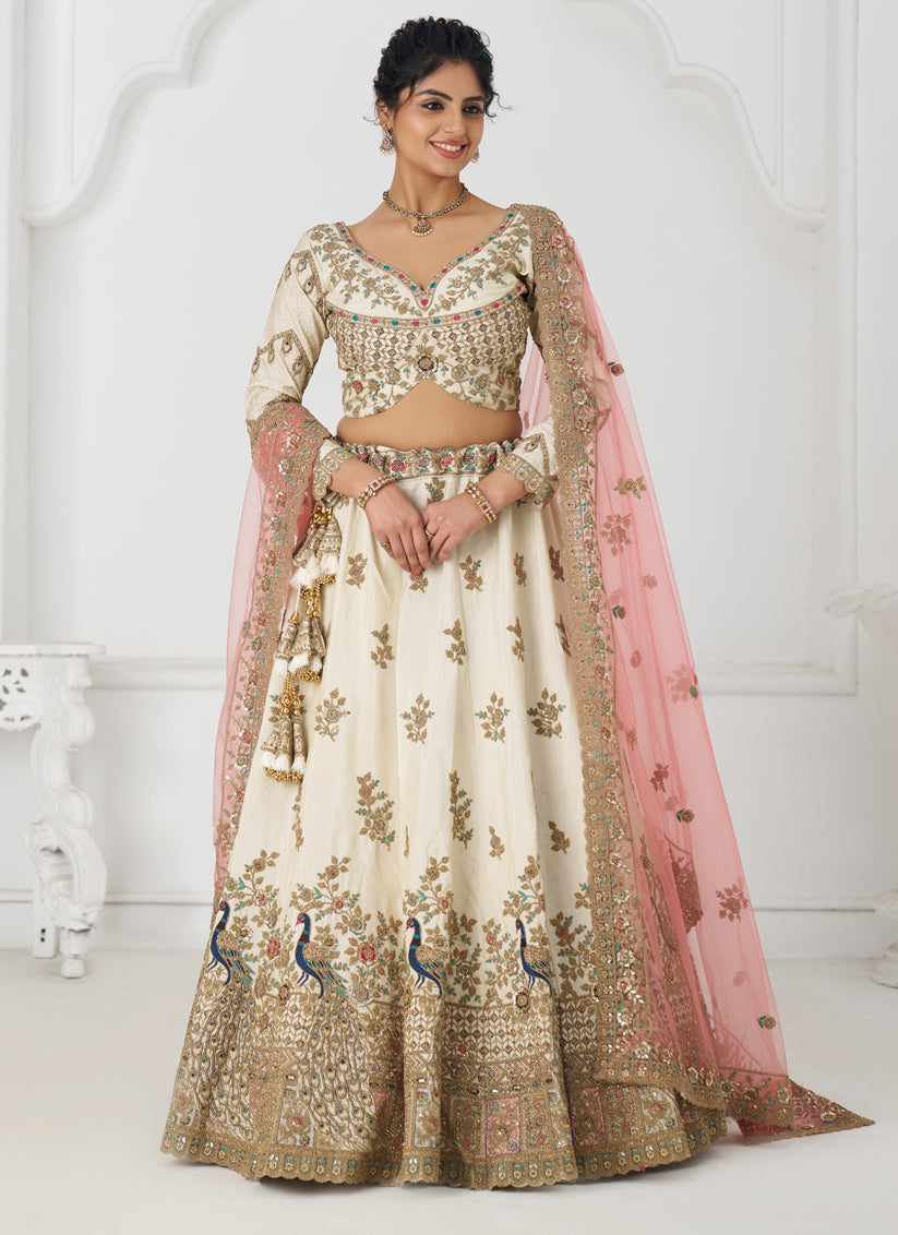 Fascinating Off-White Heavy Embroidered Silk Bridesmaid Lehenga Choli