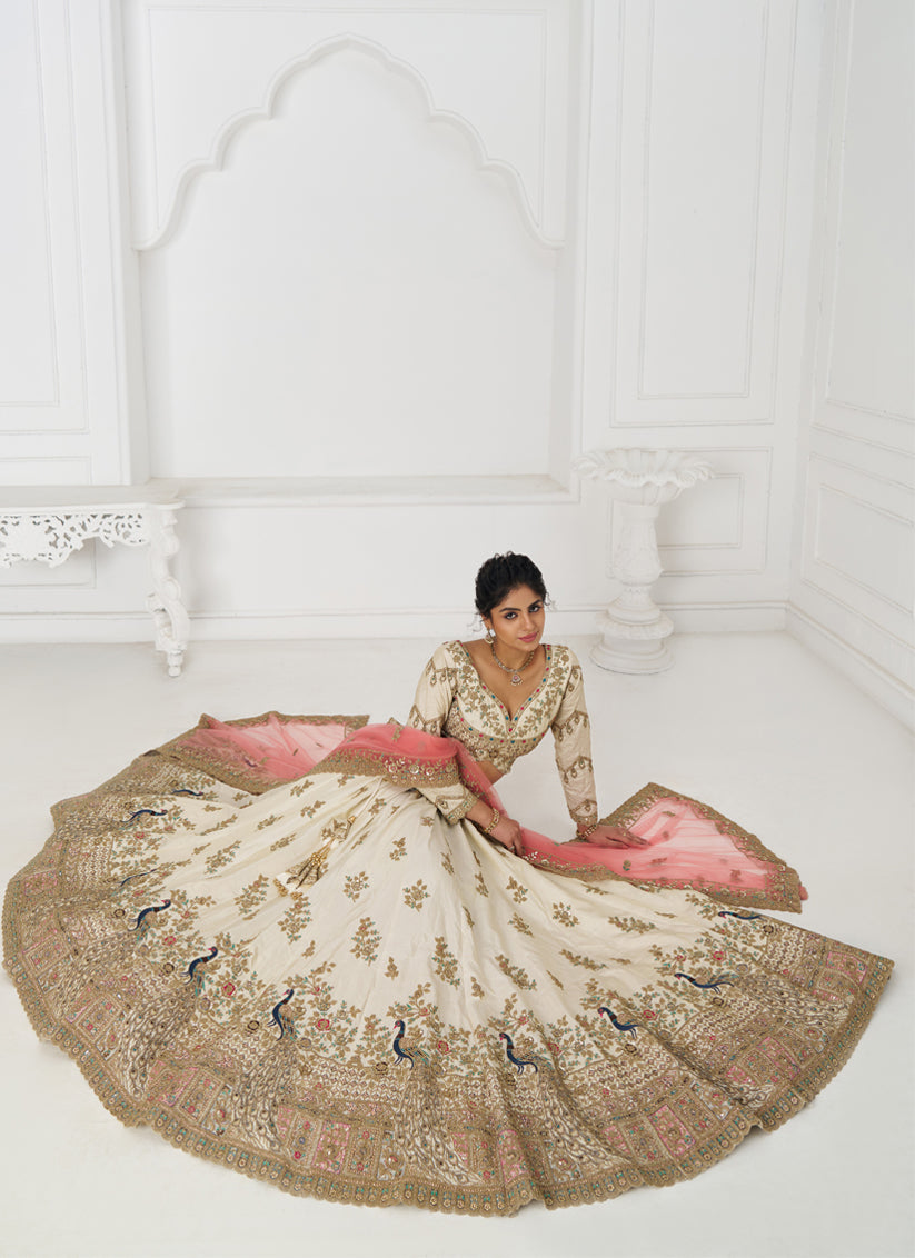 Fascinating Off-White Heavy Embroidered Silk Bridesmaid Lehenga Choli