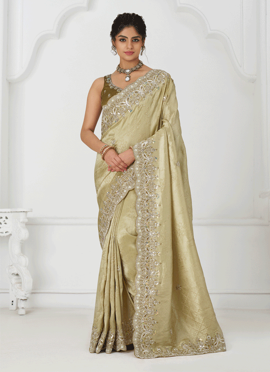 Chiku Viscose Silk Sequins Saree Engagement & wedding functions