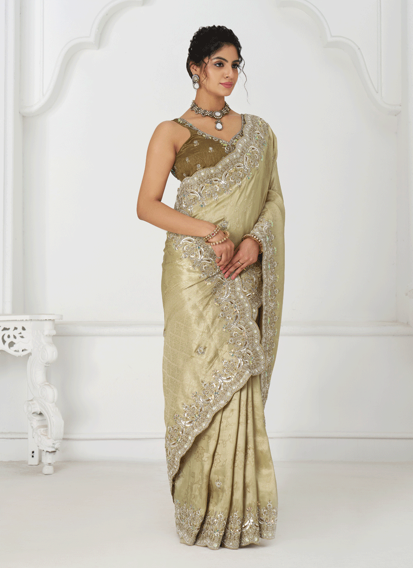 Chiku Viscose Silk Sequins Saree Engagement & wedding functions
