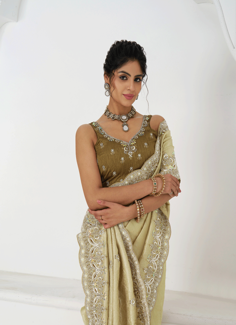 Chiku Viscose Silk Sequins Saree Engagement & wedding functions