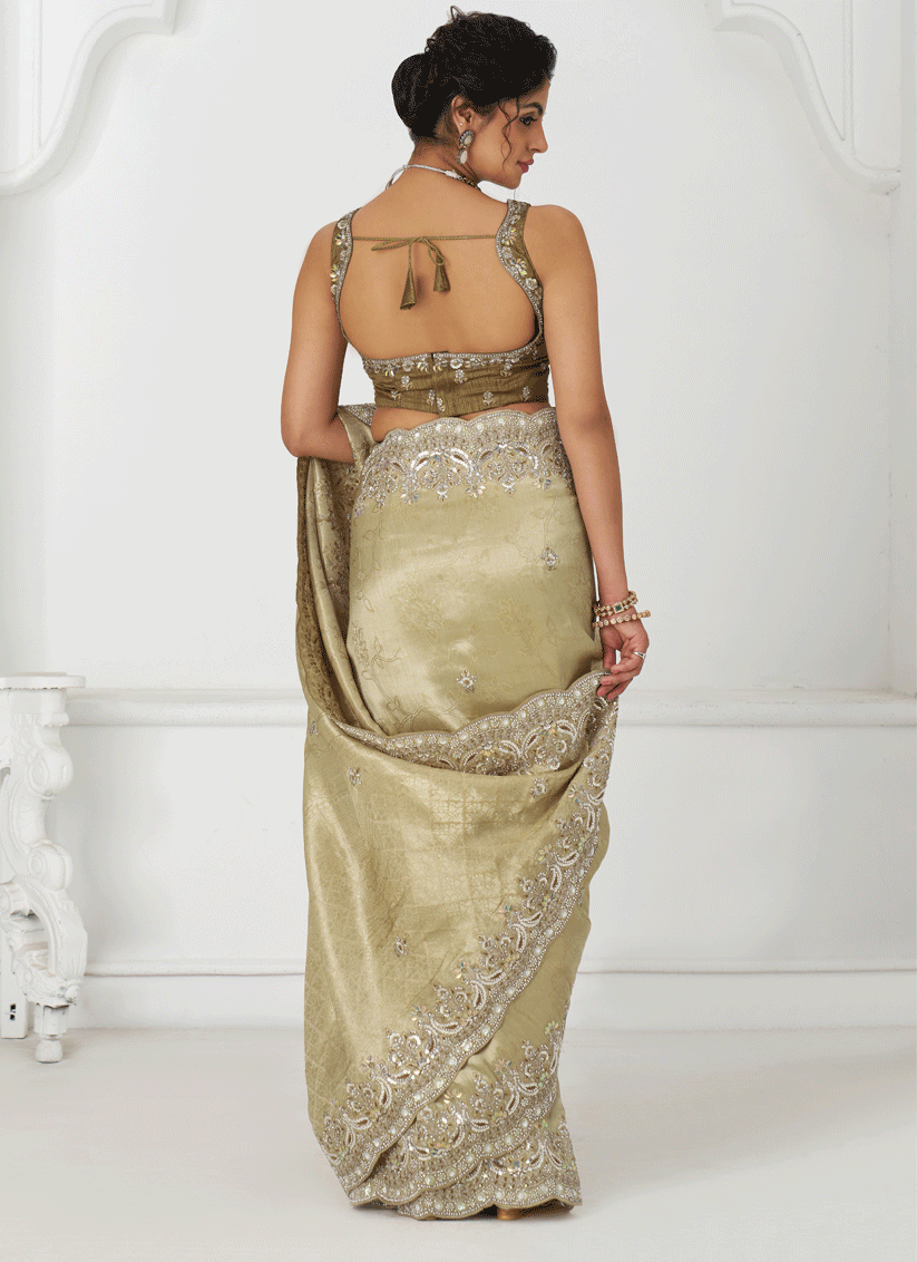 Chiku Viscose Silk Sequins Saree Engagement & wedding functions