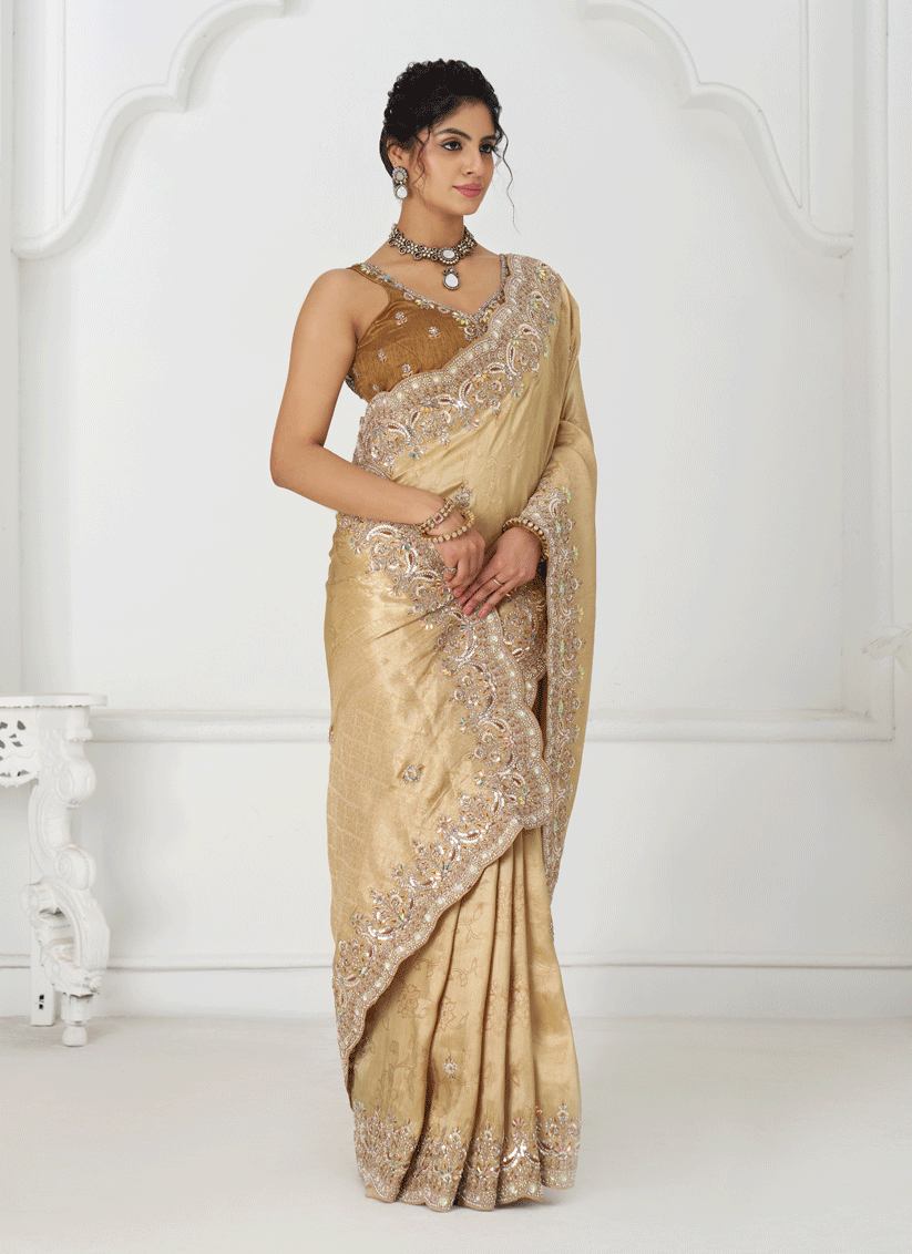 Beige Viscose Silk Sequins Saree Engagement & wedding functions