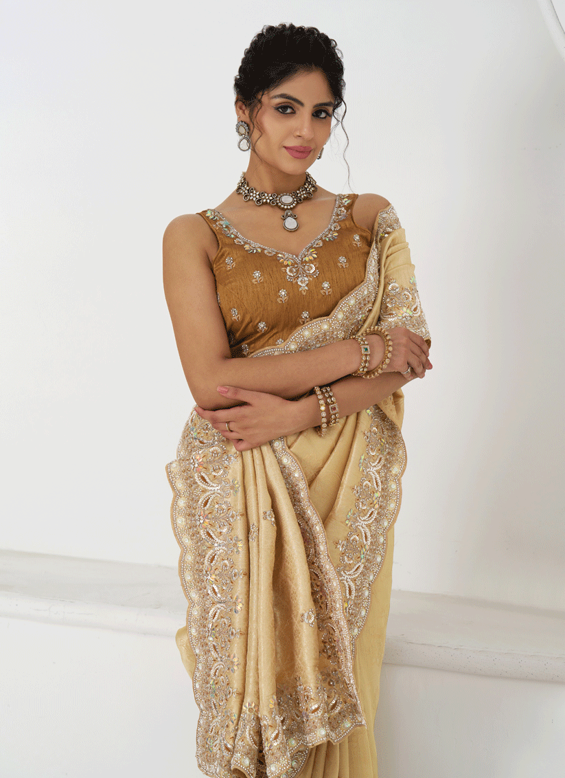 Beige Viscose Silk Sequins Saree Engagement & wedding functions