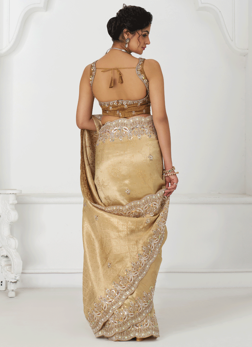 Beige Viscose Silk Sequins Saree Engagement & wedding functions
