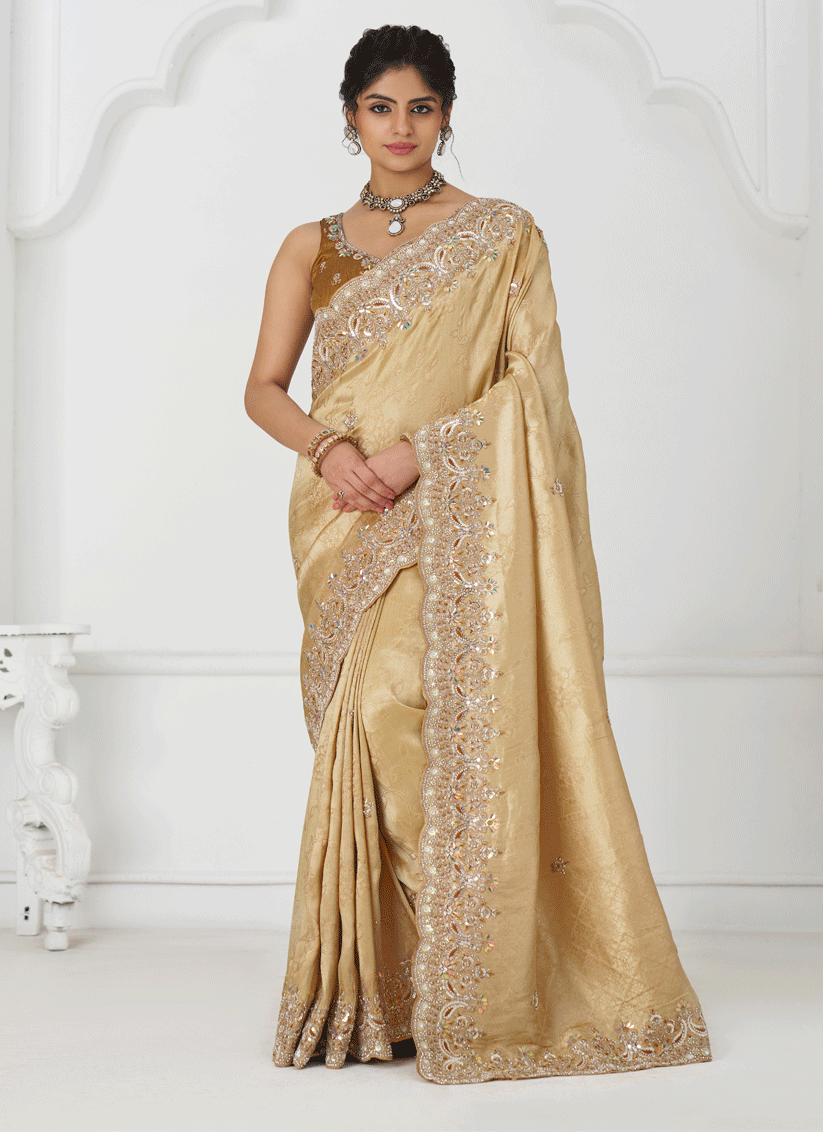 Beige Viscose Silk Sequins Saree Engagement & wedding functions