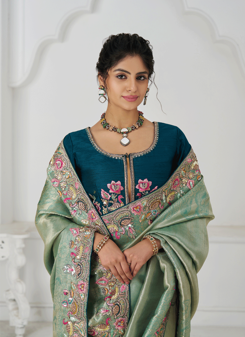 Sage Green Embroidered Zari Saree For Traditional Wear For Engagement & wedding functions