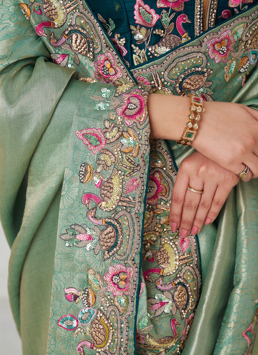 Sage Green Embroidered Zari Saree For Traditional Wear For Engagement & wedding functions
