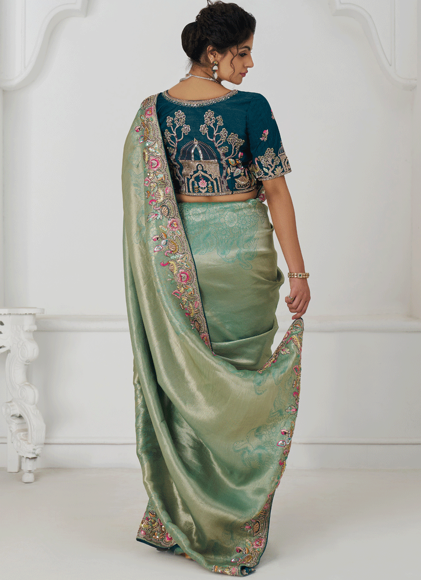 Sage Green Embroidered Zari Saree For Traditional Wear For Engagement & wedding functions