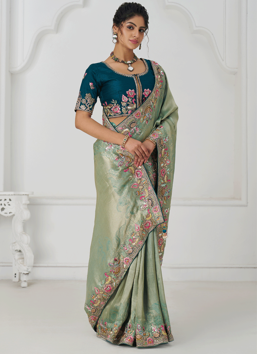 Sage Green Embroidered Zari Saree For Traditional Wear For Engagement & wedding functions