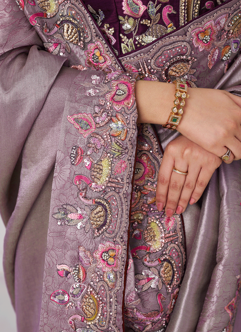 Mauve Embroidered Sequin Dola Silk Saree For Engagement & wedding functions