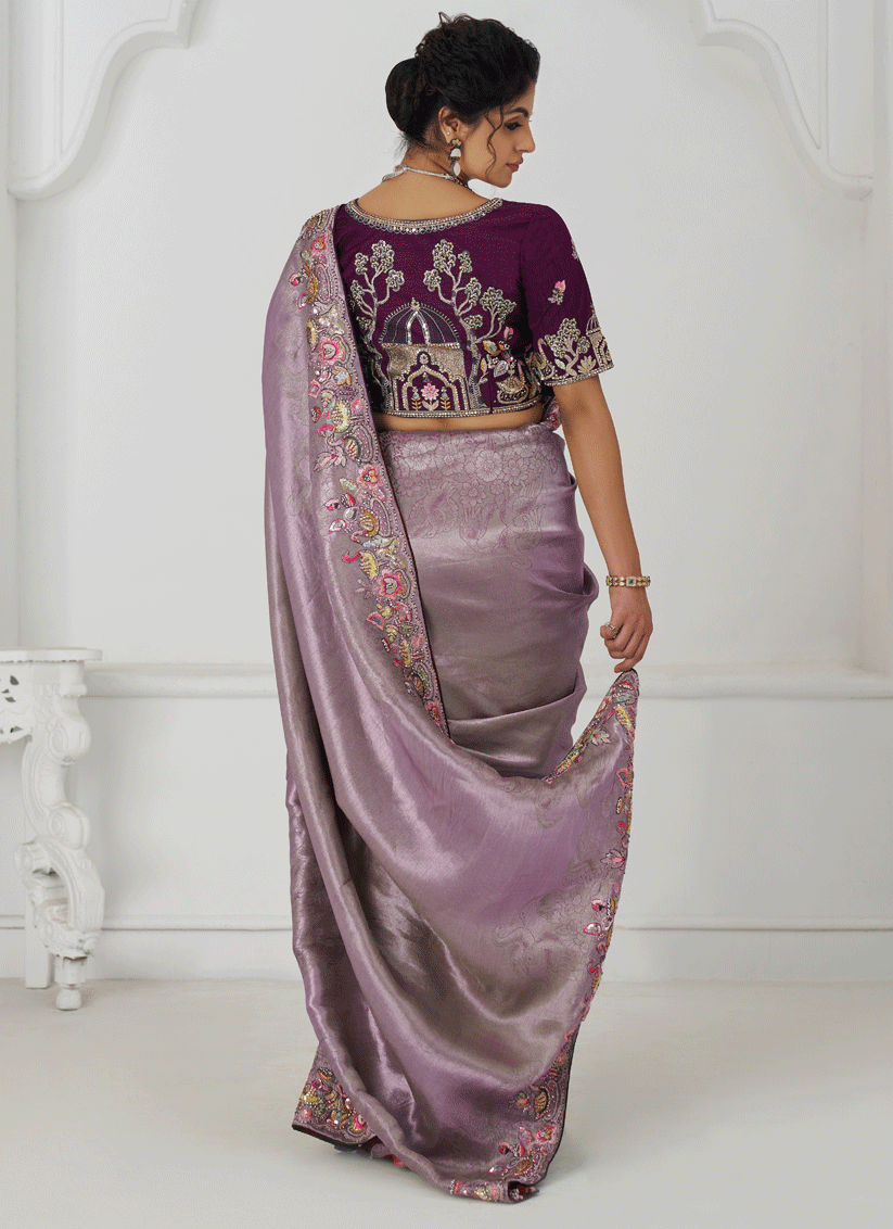 Mauve Embroidered Sequin Dola Silk Saree For Engagement & wedding functions