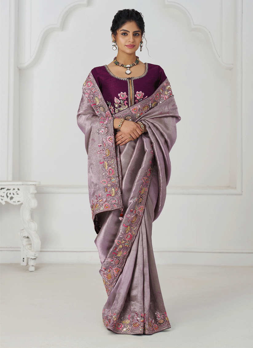 Mauve Embroidered Sequin Dola Silk Saree For Engagement & wedding functions